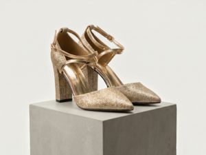 Zapatos de Tacón Oro Ancho con Glitter y Pulsera al Tobillo - Fiesta y Eventos